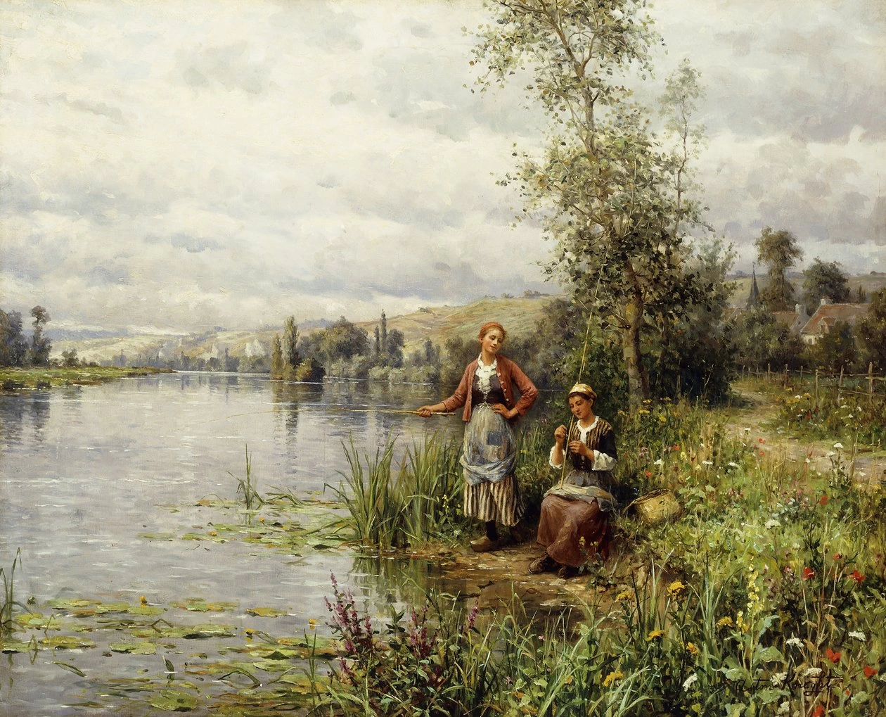 Donne di campagna che pescano in un pomeriggio estivo